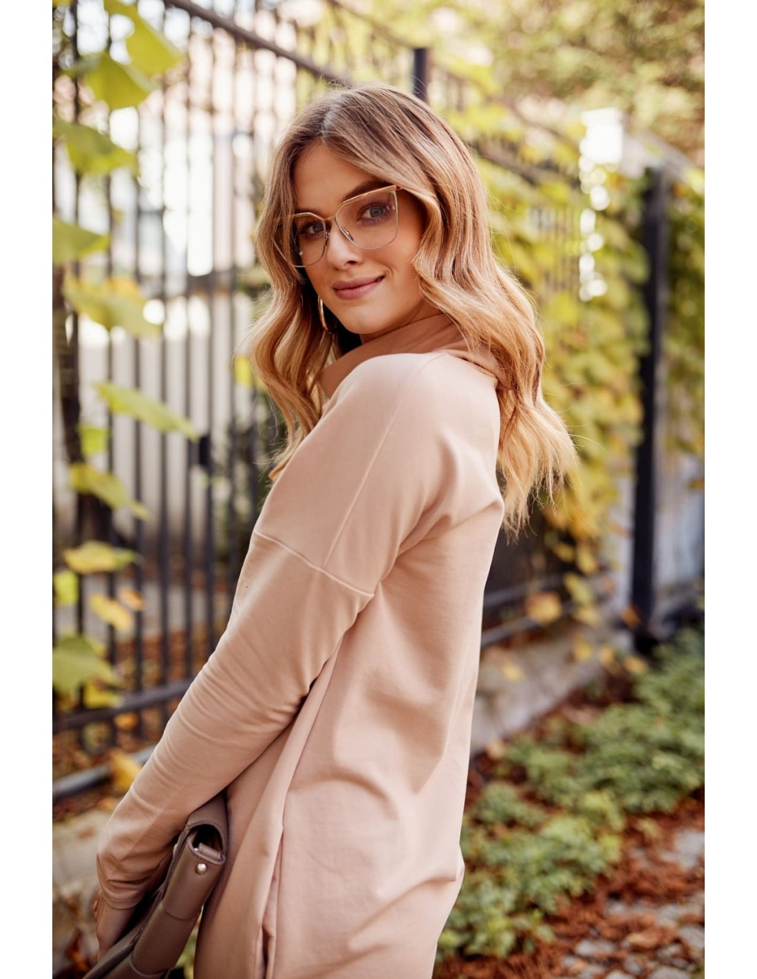 Loose dress with a turtleneck and pockets, beige FI720 - Online store - Boutique